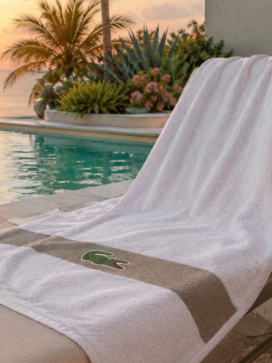 Lacoste Other - Lacoste Crocodile Logo Beach Bath Towel White Taupe Large Cotton